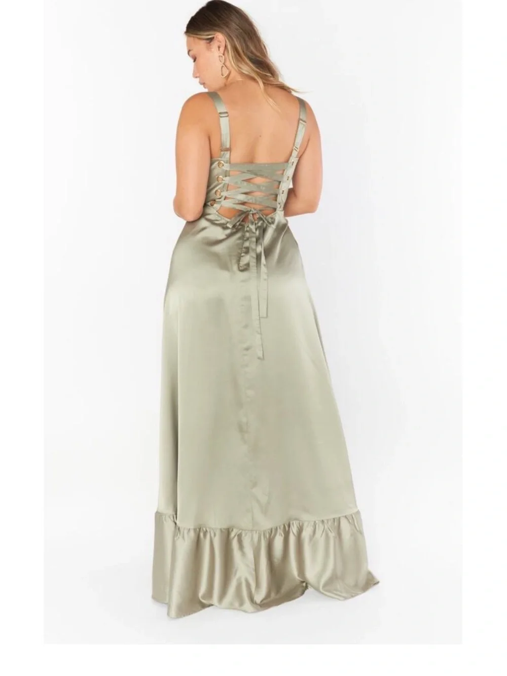 Show Me Your MuMu Clarissa Corset Moss Green Satin Lace-Up Back Dress - Picture 9 of 9